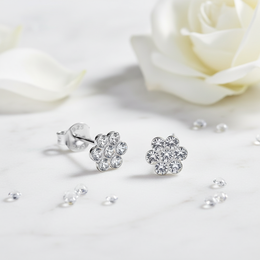 Melchior Jewellery sparkly flower stud earrings for girls with clear crystals on silver studs