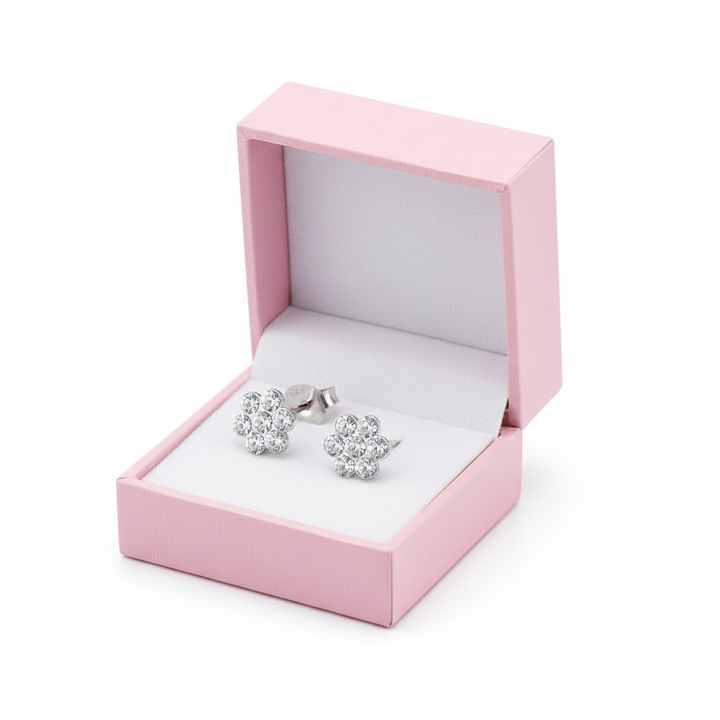 Melchior Jewellery sparkly flower stud earrings for girls displayed in a pink jewellery box