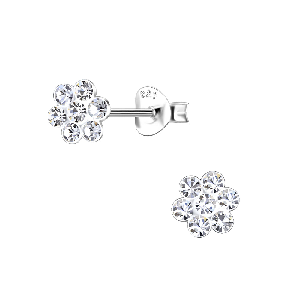 Melchior Jewellery sparkly flower stud earrings for girls in silver with clear crystals