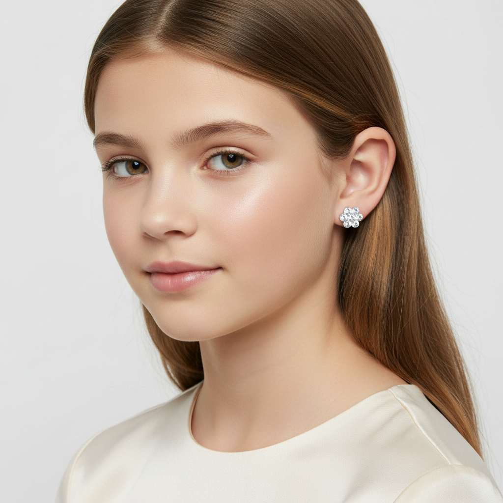 Melchior Jewellery sparkly flower stud earrings for girls worn by young girl with light brown hair