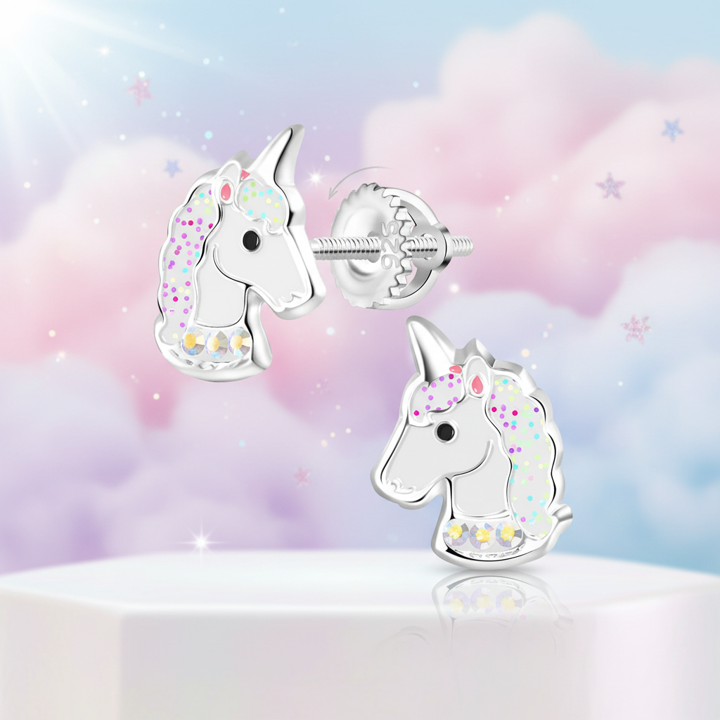 Melchior Jewellery sparkly unicorn screw back earrings for girls with colourful glitter details