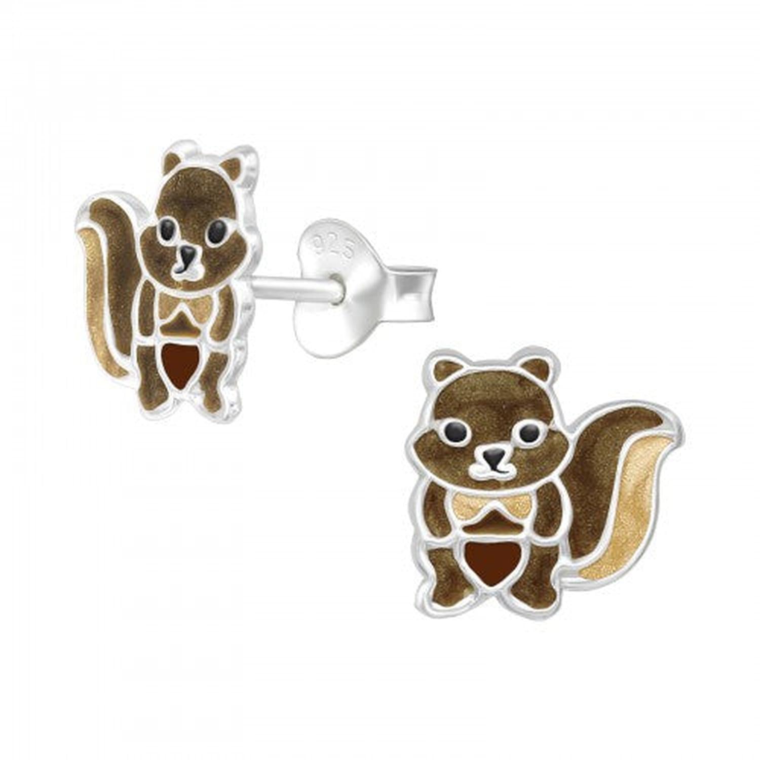 Childrens Silver Squirrel Stud Earrings in sterling silver with brown and gold enamel detailing by Melchior Jewellery