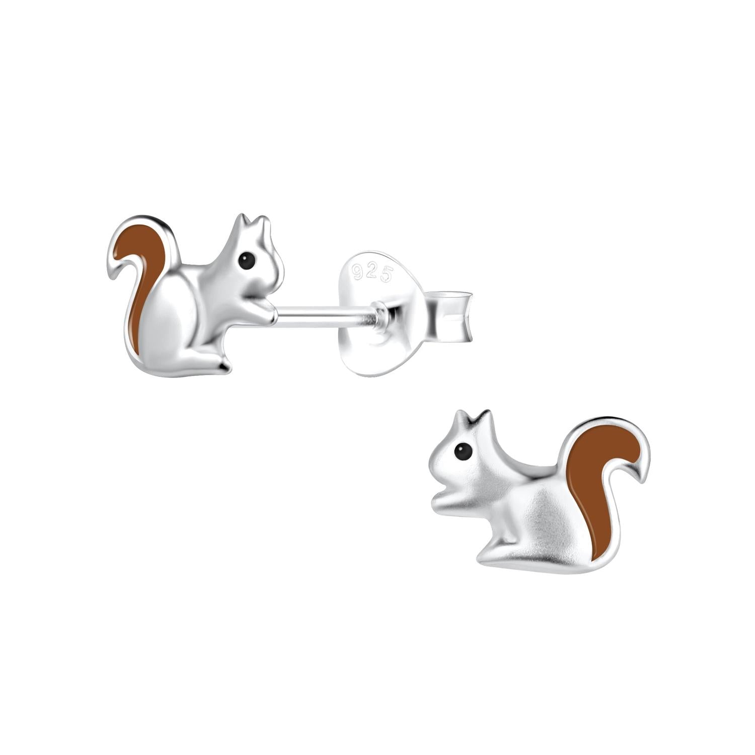Sterling silver squirrel stud girls earrings with brown enamel detail by Melchior Jewellery