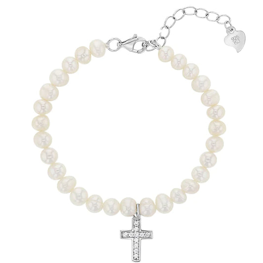 Sterling Silver Cultured Pearl with Cross Baby / Toddler Bracelet