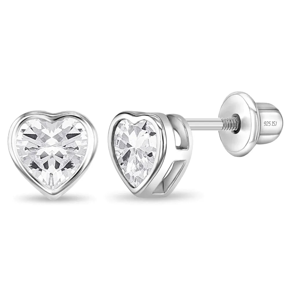 Sterling Silver Kids Bezel CZ Heart Screw Back Earrings