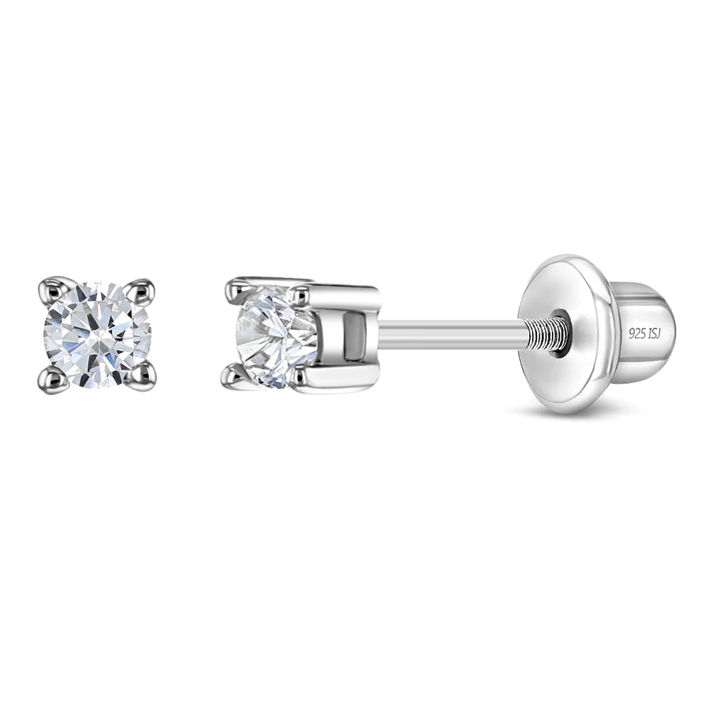 Sterling Silver Tiny Solitaire Girls Screw Back Earrings