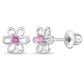 Sterling Silver Girls Pink Cubic Zirconia Flower Screw Back Earrings