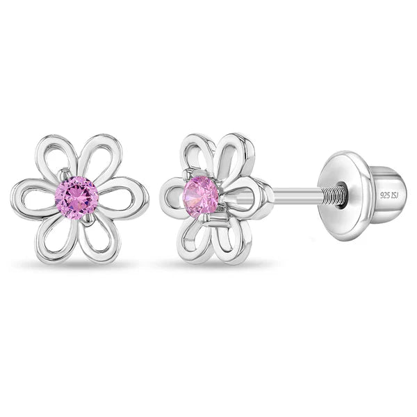 Sterling Silver Girls Pink Cubic Zirconia Flower Screw Back Earrings