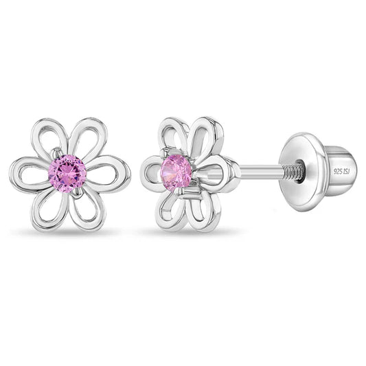 Sterling Silver Girls Pink Cubic Zirconia Flower Screw Back Earrings