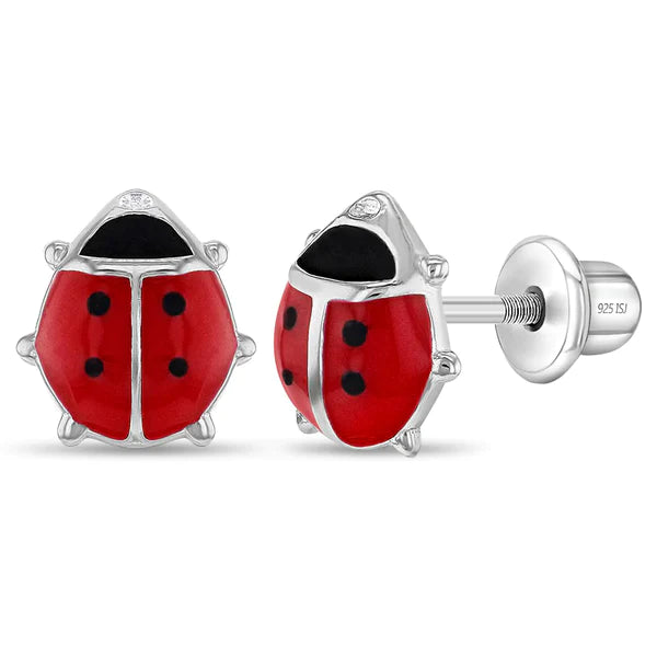 Sterling Silver Enamel Ladybird Screw Back Kids Earrings