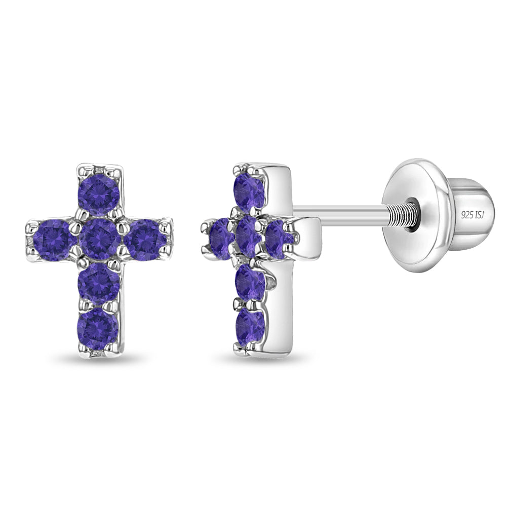 Children's Sterling Silver Purple Cross Screw Back Earrings - Melchior Jewellery 