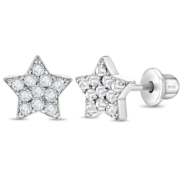 Sterling Silver Sparkling CZ Star Screw Back Girls Earrings