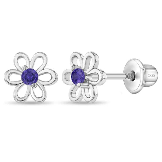 Sterling Silver Girls CZ Amethyst Flower Screw Back Earrings