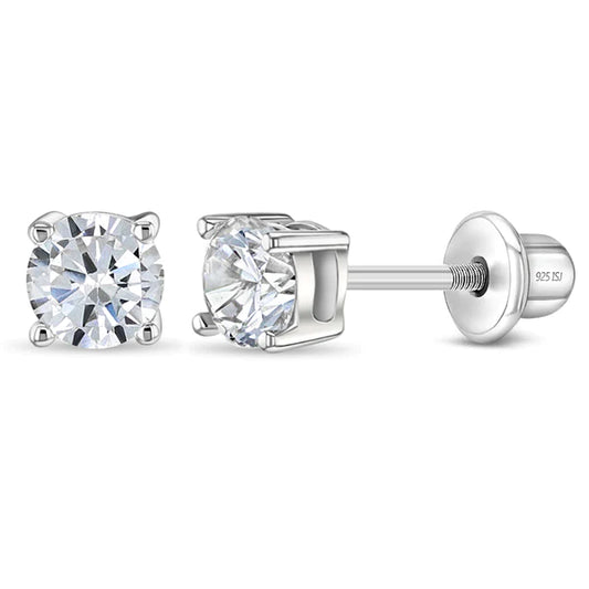 Sterling Silver Classic Round Solitaire Girls Screw Back Earrings