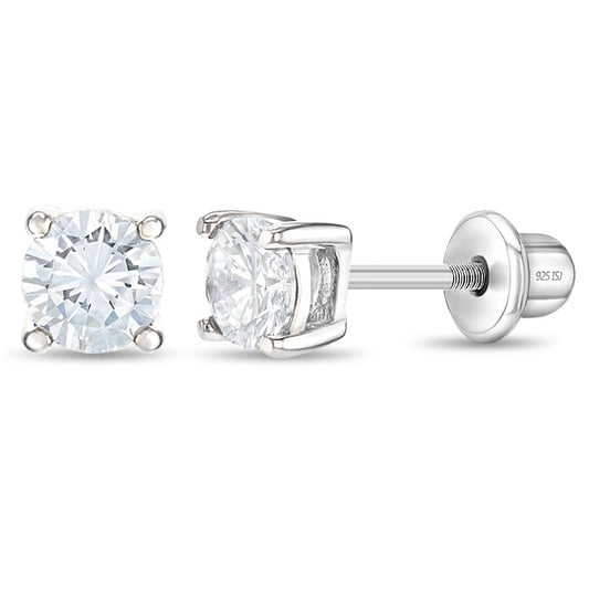 Sterling Silver Classic Round Solitaire Girls Screw Back Earrings