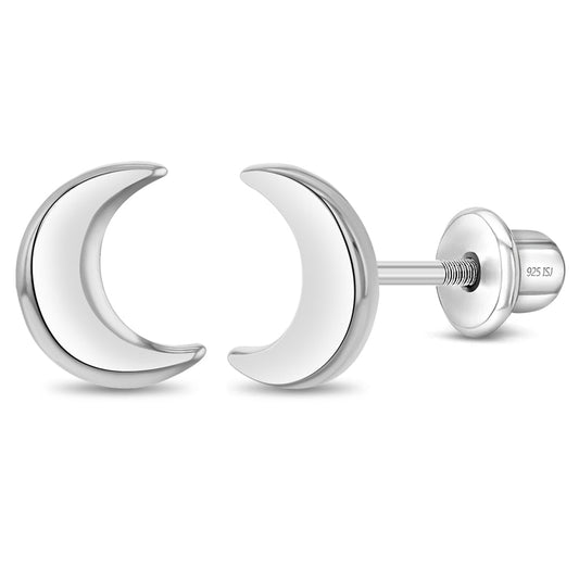 Sterling Silver Girls Classic Crescent Moon Screw Back Earrings