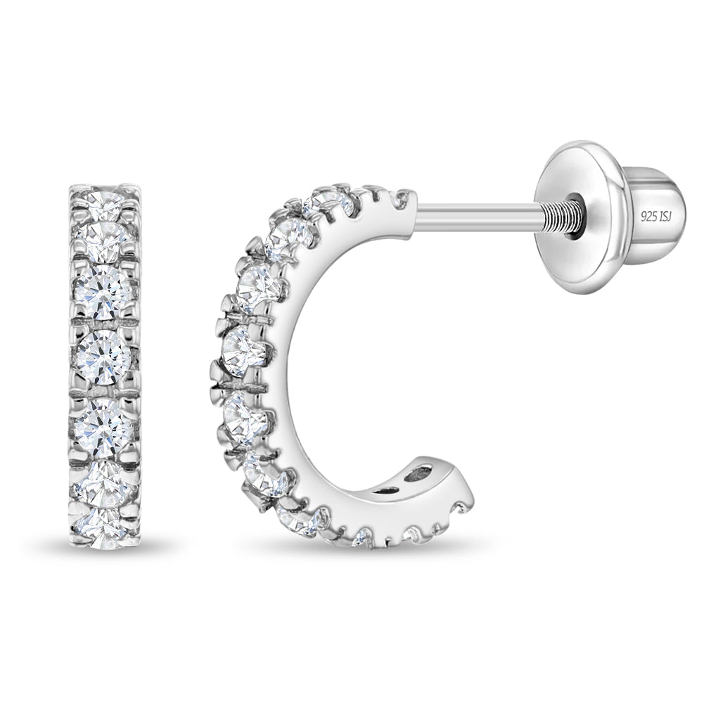 Sterling Silver Half CZ Hoop Teen Screw Back Earrings