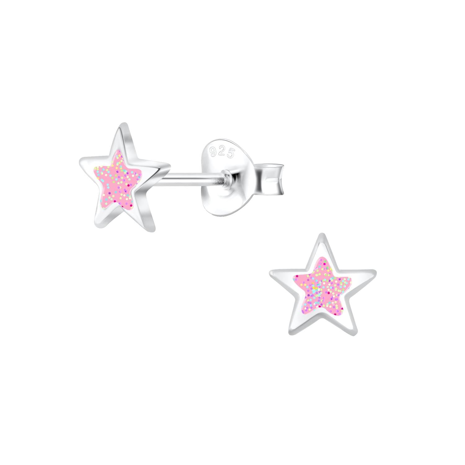 Silver pink sparkly star kids stud earrings in sterling silver by Melchior Jewellery