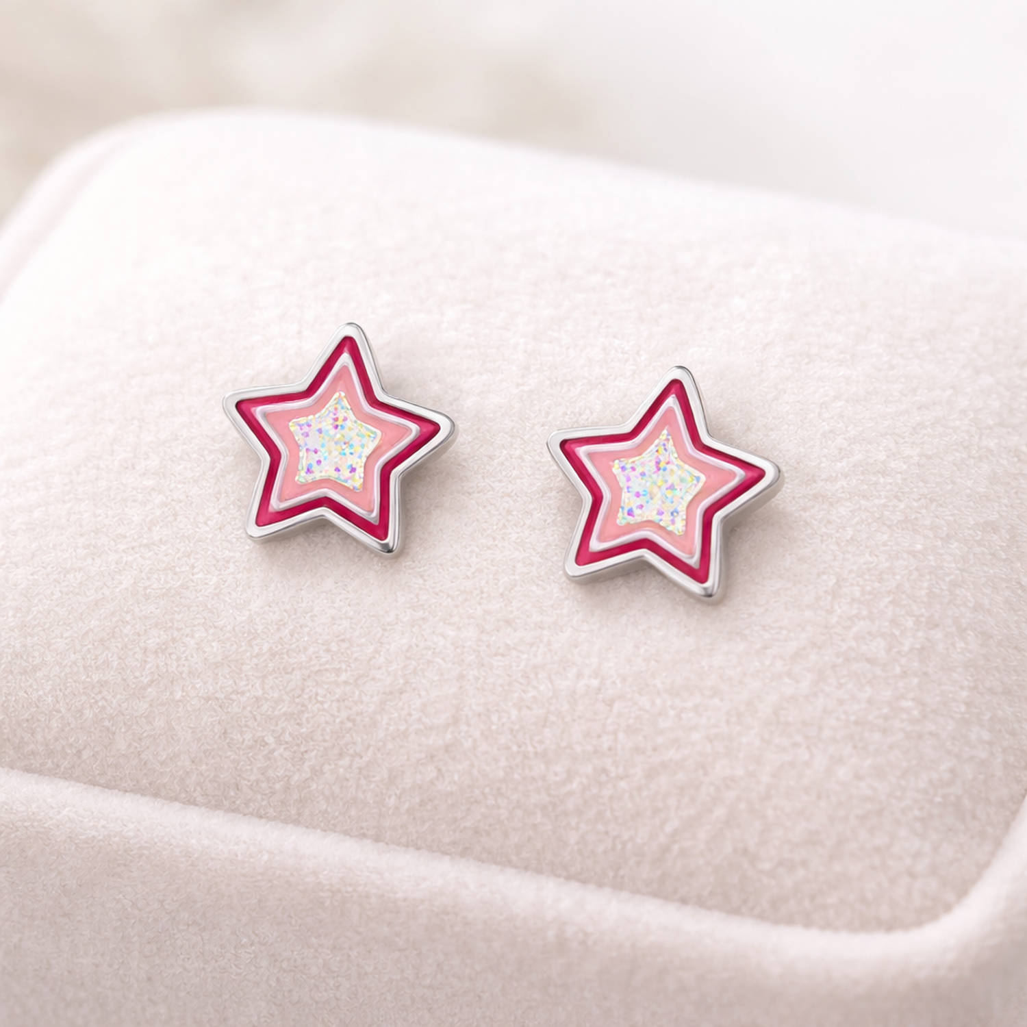 Kids Sterling Silver Sparkly Star Stud Earrings by Melchior Jewellery in pink and silver design