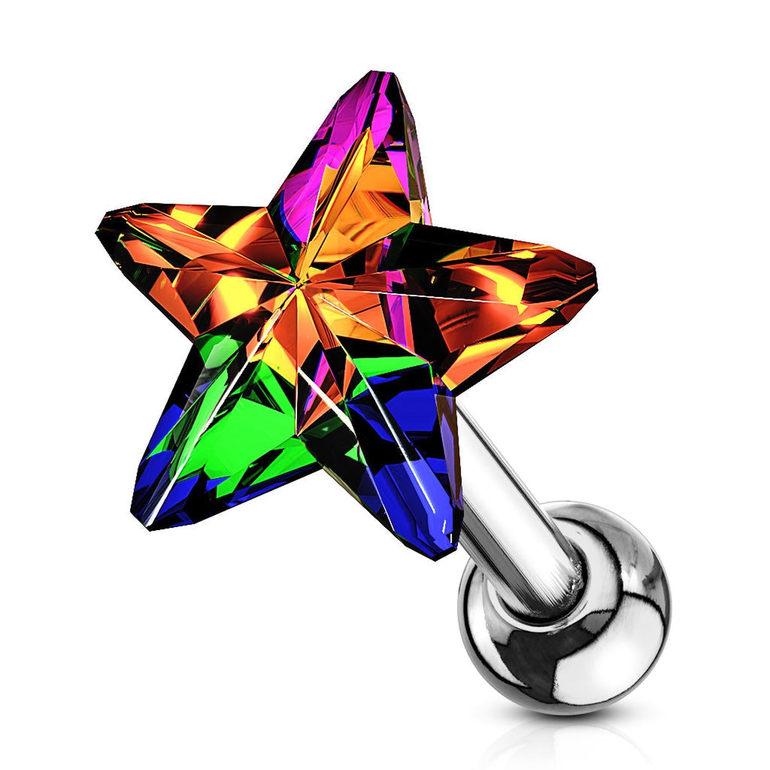 Melchior Jewellery star shaped multicolour crystal tragus stud for pierced ears on silver labret bar with polished ball back