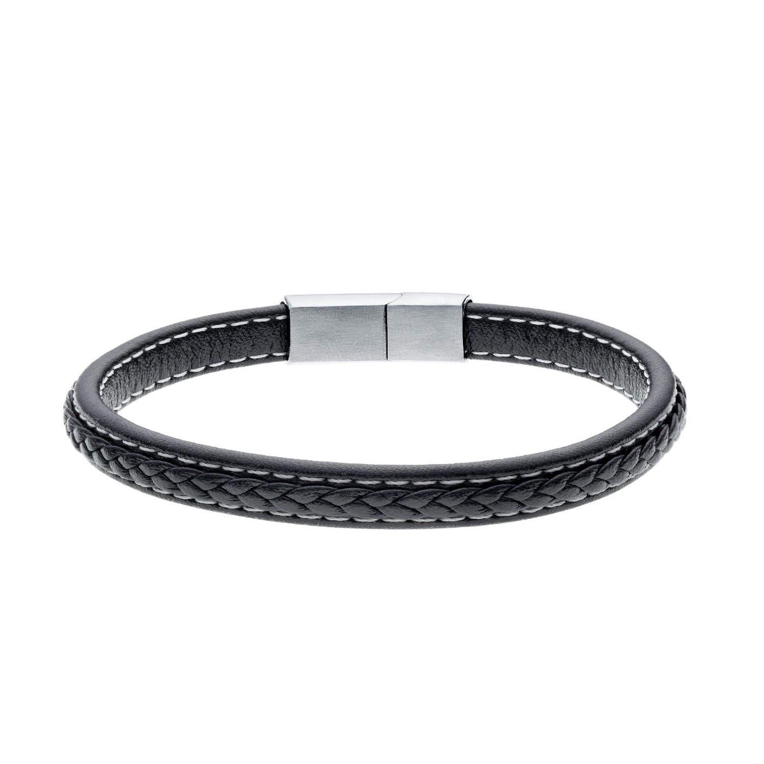 Black leather steel woven bracelet with silver clasp from Melchior Jewellery for men