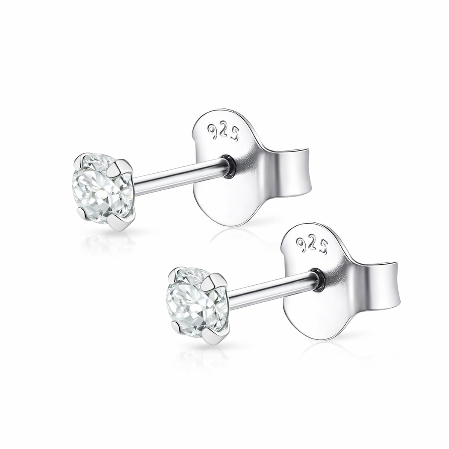 Sterling silver 4mm round CZ stud earrings with clear cubic zirconia for everyday wear