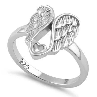 Sterling Silver Angel Wings Heart Ring | 925 Guardian Angel Jewellery