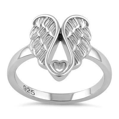Sterling Silver Angel Wings Heart Ring | 925 Guardian Angel Jewellery