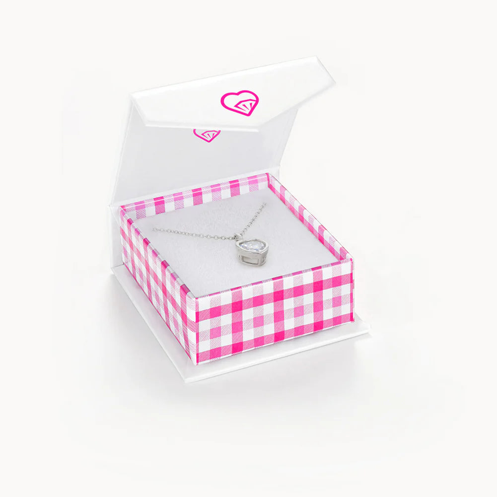 Sterling silver April birthstone necklace for children in a pink checkered gift box by In Season Jewellery