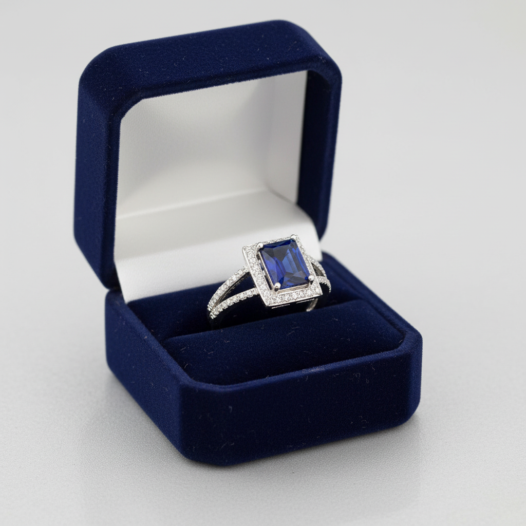 Sterling silver blue sapphire ring with square-cut gemstone and diamond accents in a navy velvet box