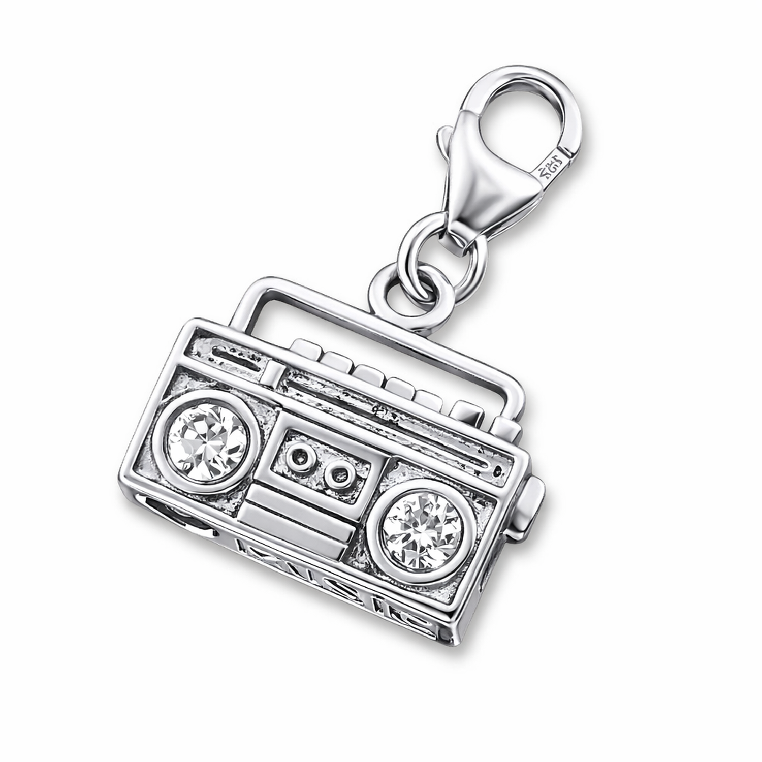 Sterling silver boom box charm clip on in shiny silver for music lovers by Melchior Jewellery