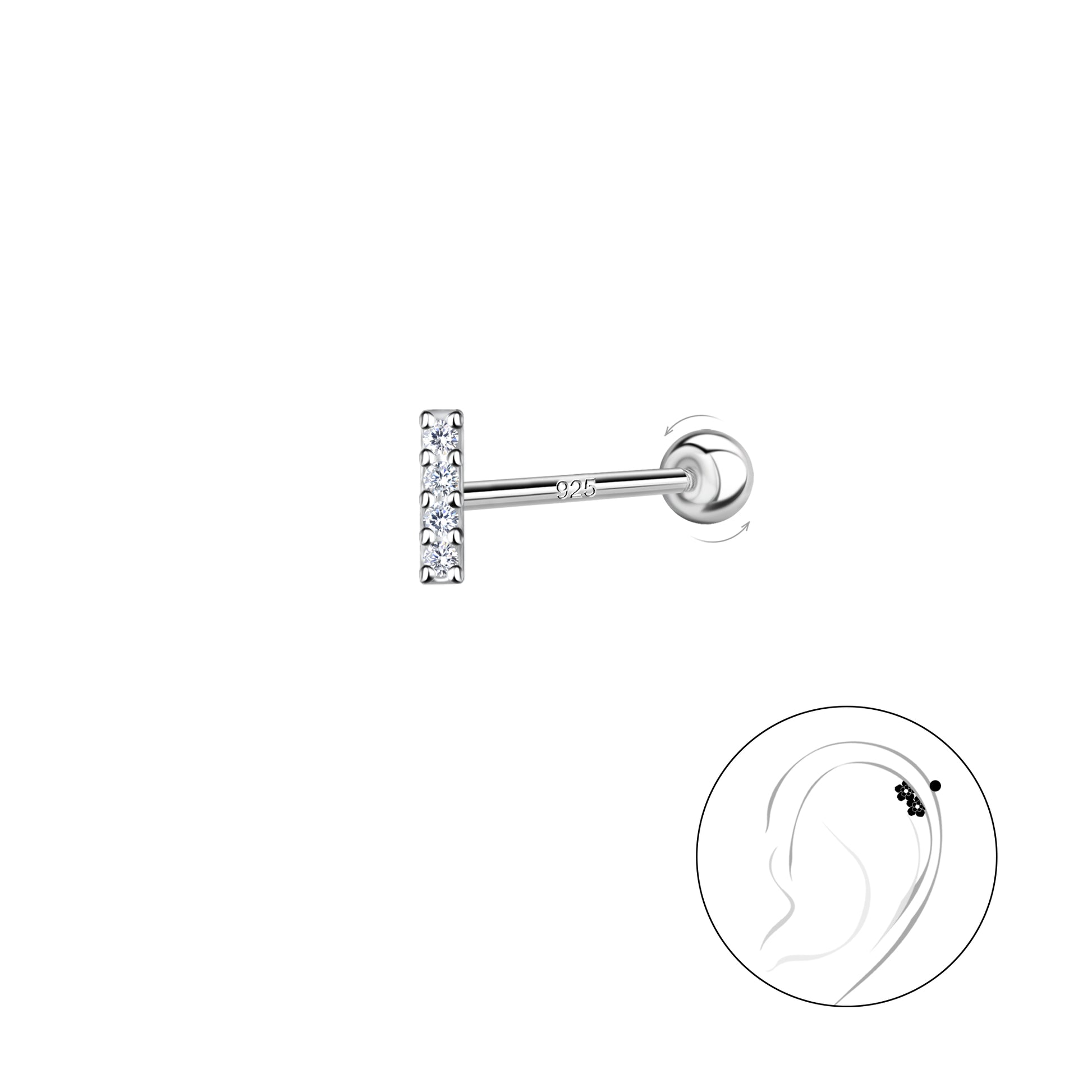Melchior Jewellery sterling silver cartilage stud with clear crystals for ear piercing
