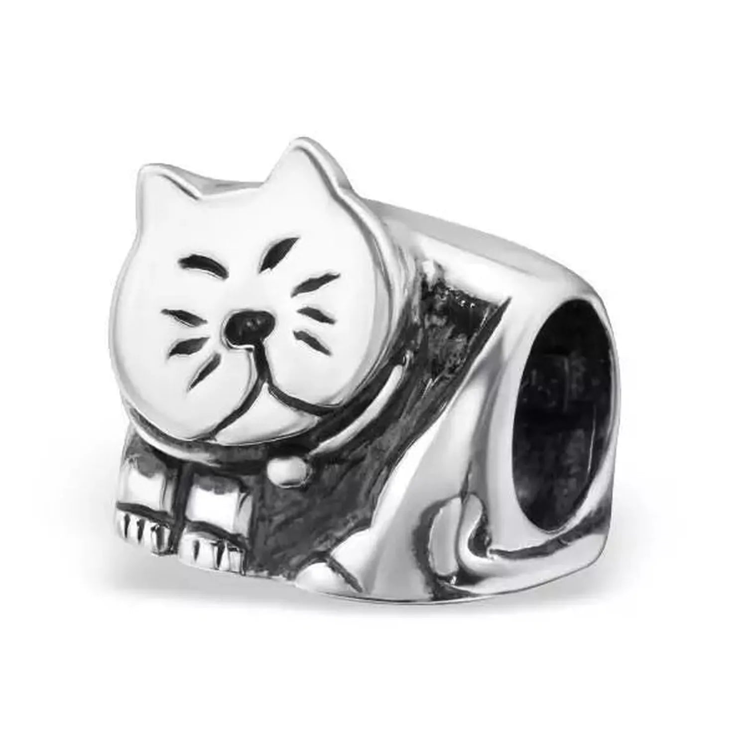 Sterling silver cat charm bead with detailed facial features by Melchior Jewellery