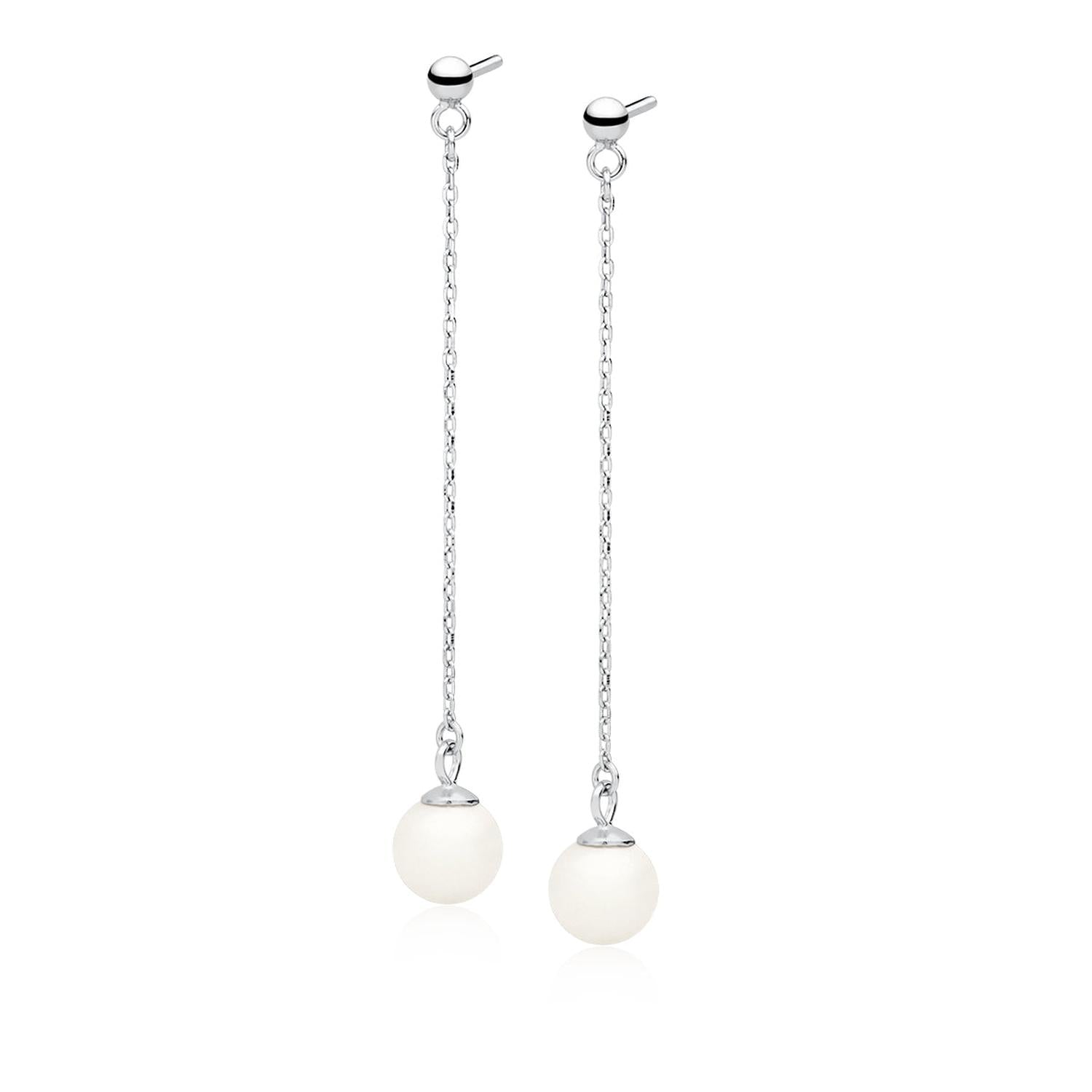 silver chain drop pearl earrings with white pearls for women by Melchior Jewellery