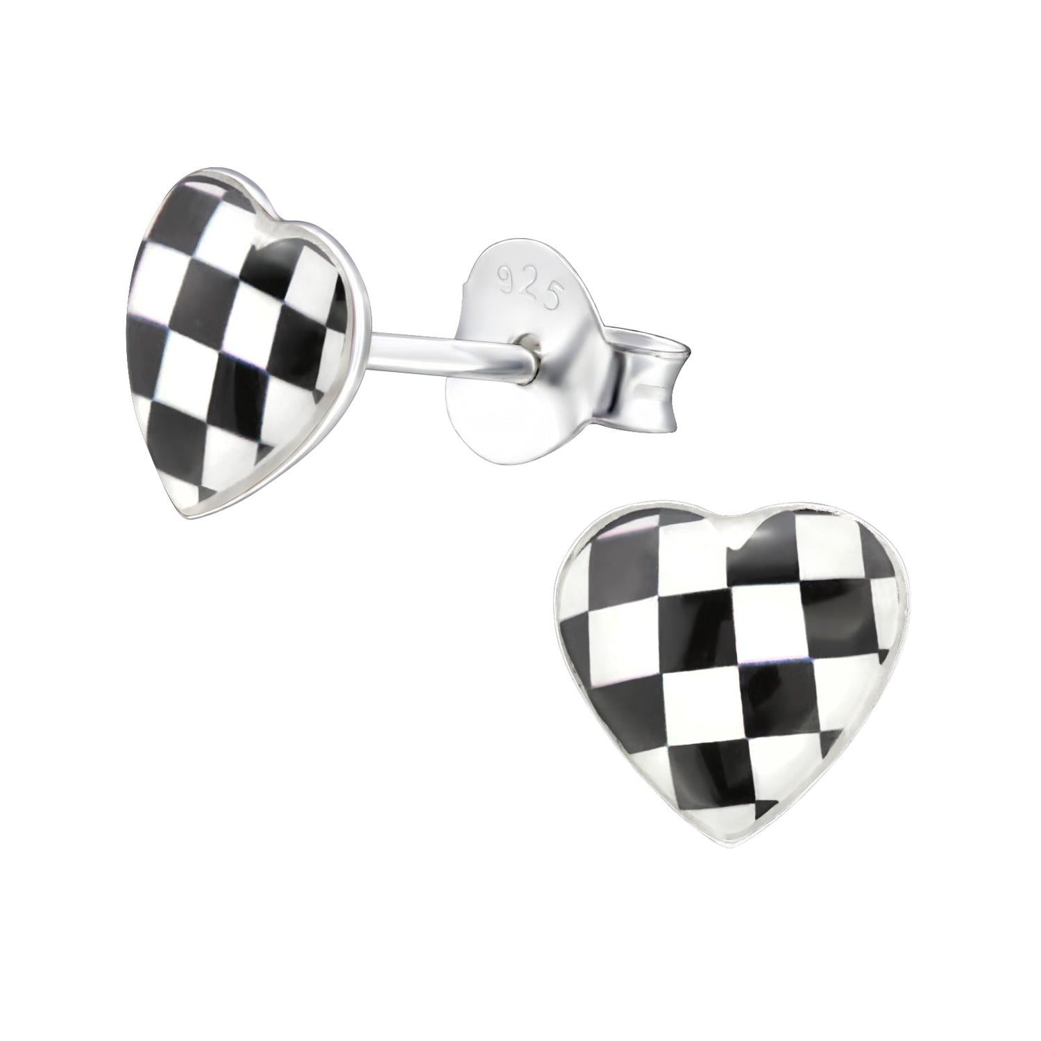 Sterling silver black and white checkered heart stud earrings for kids from Melchior Jewellery