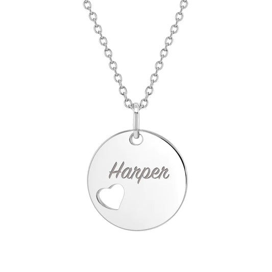 Silver children's personalised heart necklace with engraved name Harper by Melchior Jewellery