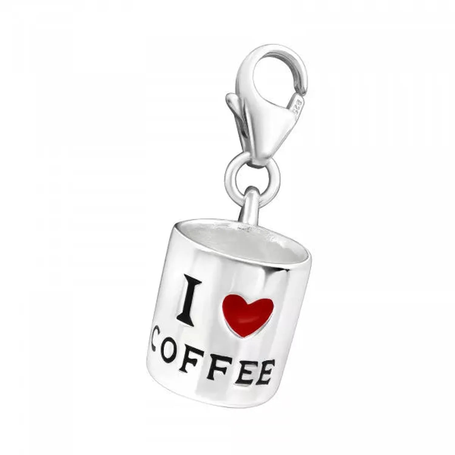 sterling silver coffee charm clip on with I love coffee design in red and black colours