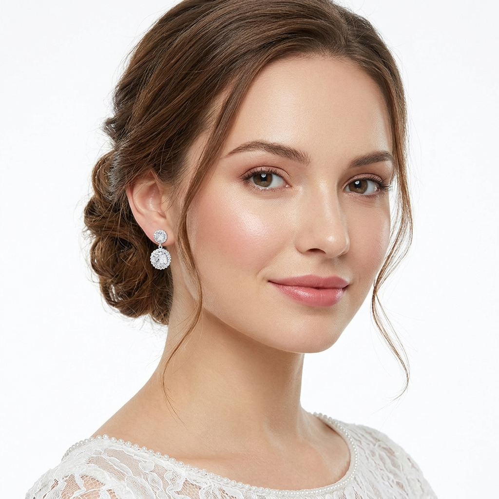 Melchior Jewellery sterling silver cubic zirconia drop earrings worn by woman with brown hair and white lace top