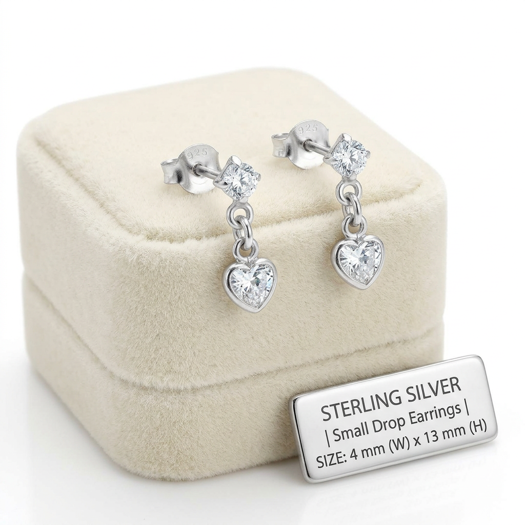 Sterling silver CZ drop stud earrings for kids with heart-shaped and square cubic zirconia stones