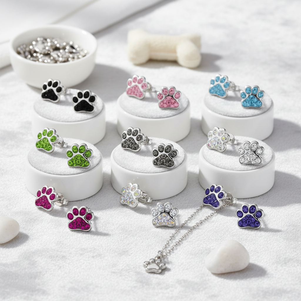 Melchior Jewellery sterling silver dog paw stud earrings for children in various colours displayed on white stands