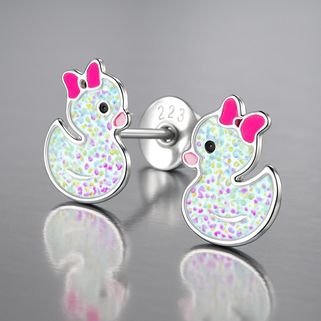 Sterling silver duck earrings for kids by Melchior Jewellery with colourful spotted design and pink bow