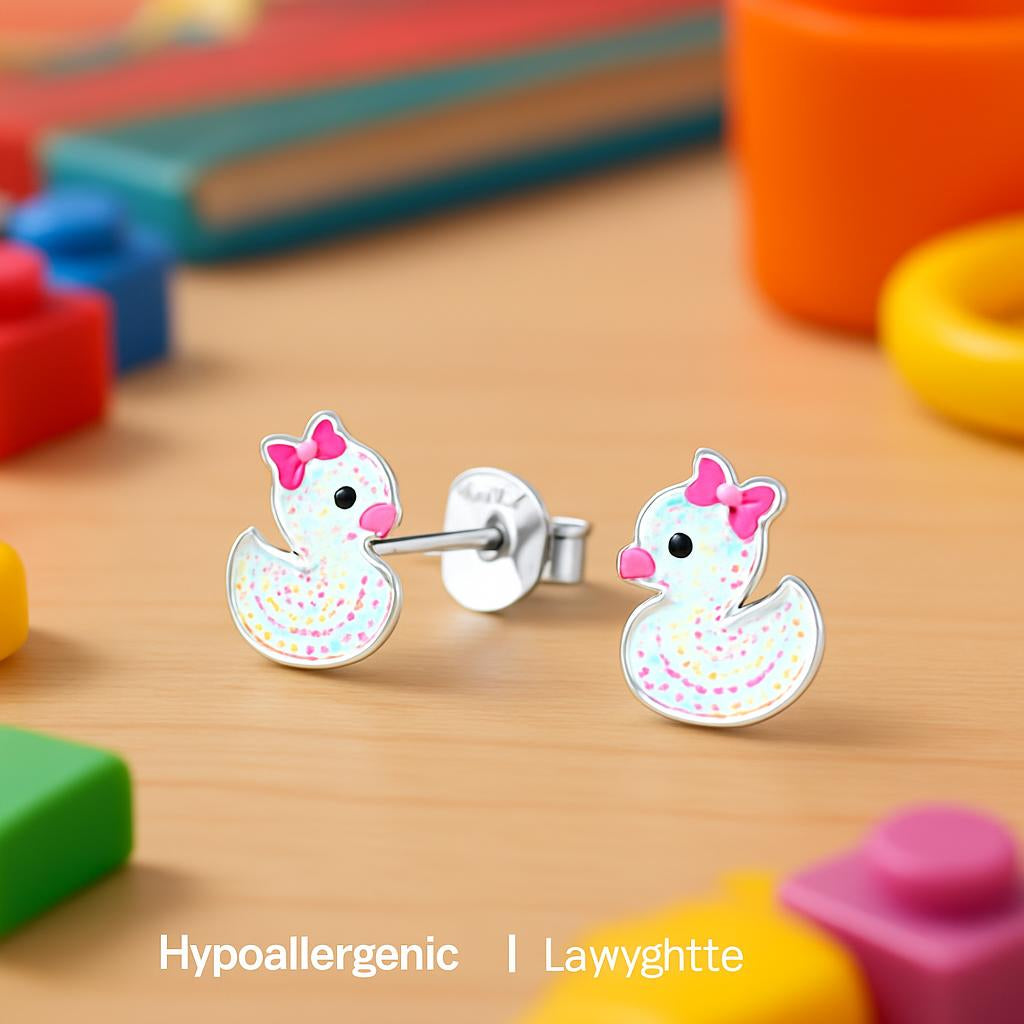 Melchior Jewellery sterling silver duck earrings for kids with pink bows and colourful speckles