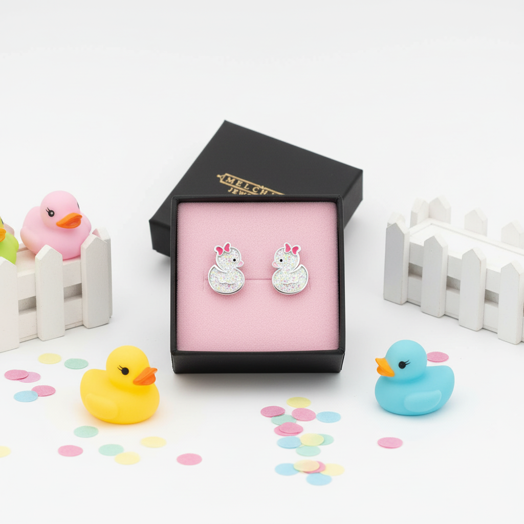 Melchior Jewellery sterling silver duck earrings for kids displayed in a gift box with colourful rubber ducks and confetti