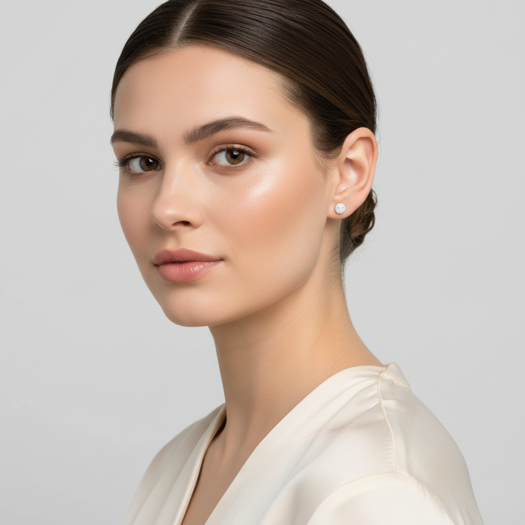 Model wearing sterling silver dust ball stud earrings from Melchior Jewellery with a minimalist design
