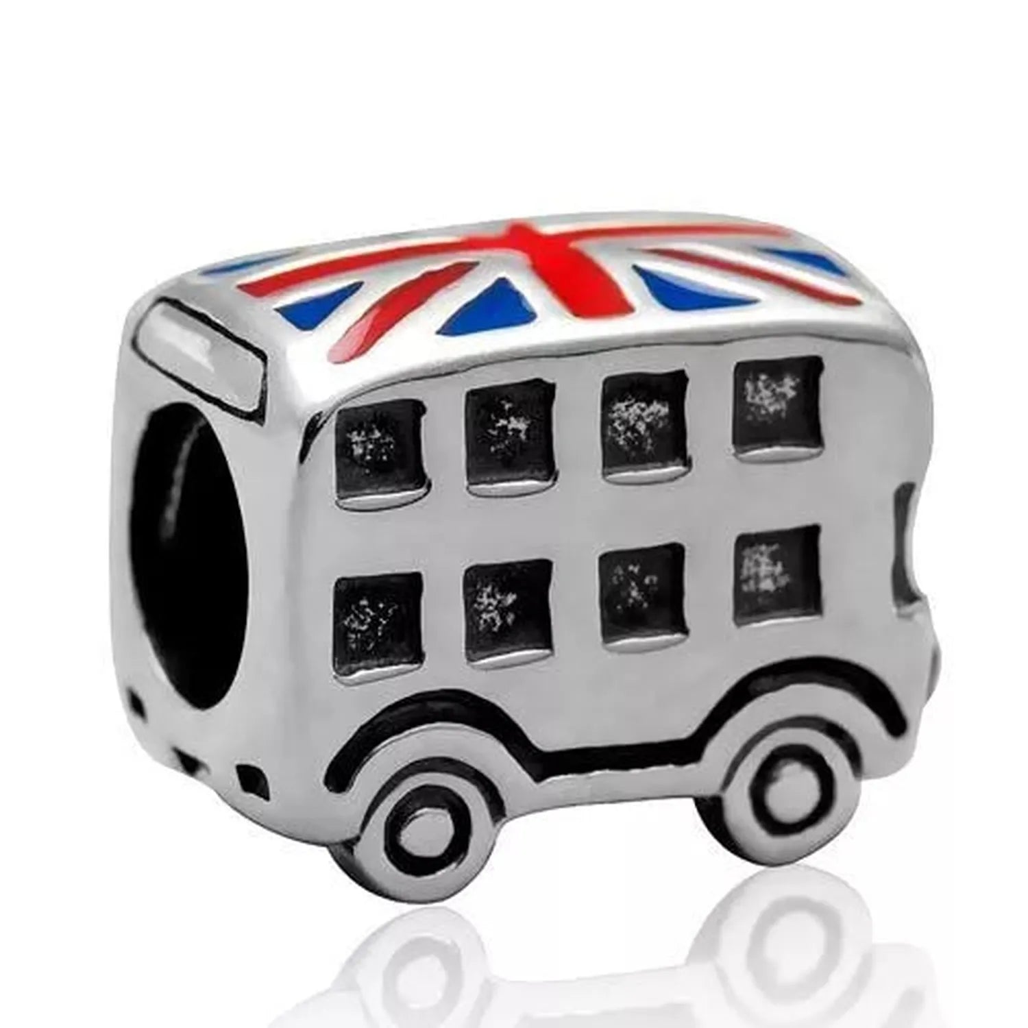 Sterling silver London Bus Bead charm with Union Jack flag detailing by Melchior Jewellery