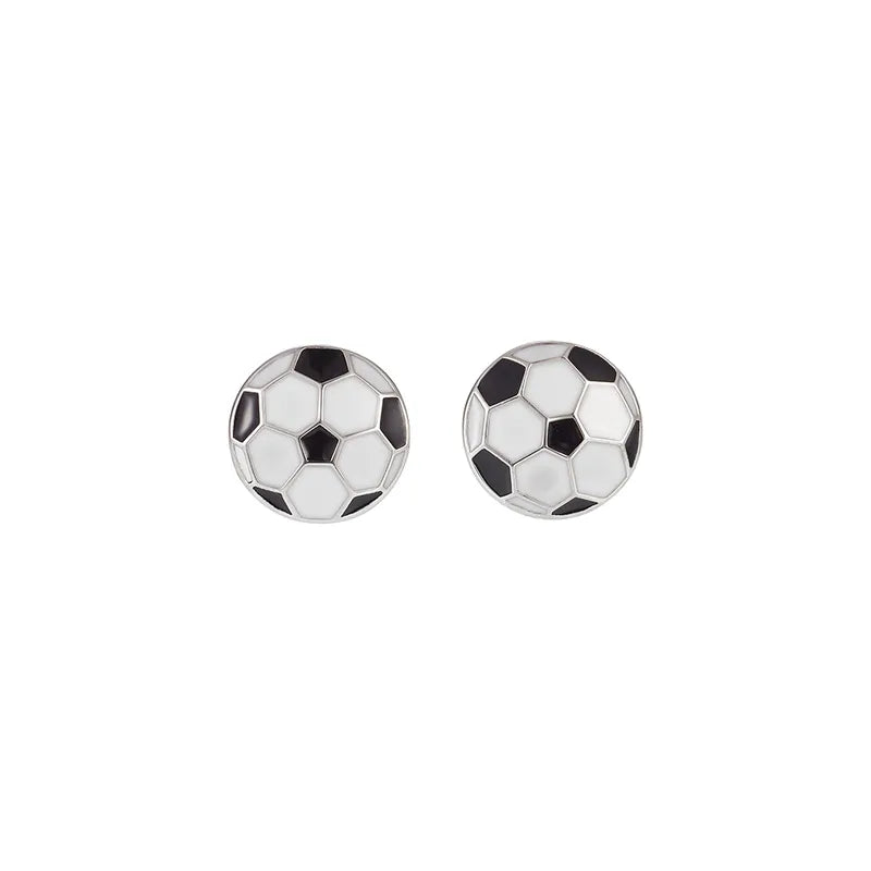 Sterling silver football stud earrings by Melchior Jewellery with black and white detailing