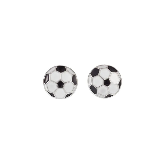 Sterling silver football stud earrings by Melchior Jewellery with black and white detailing