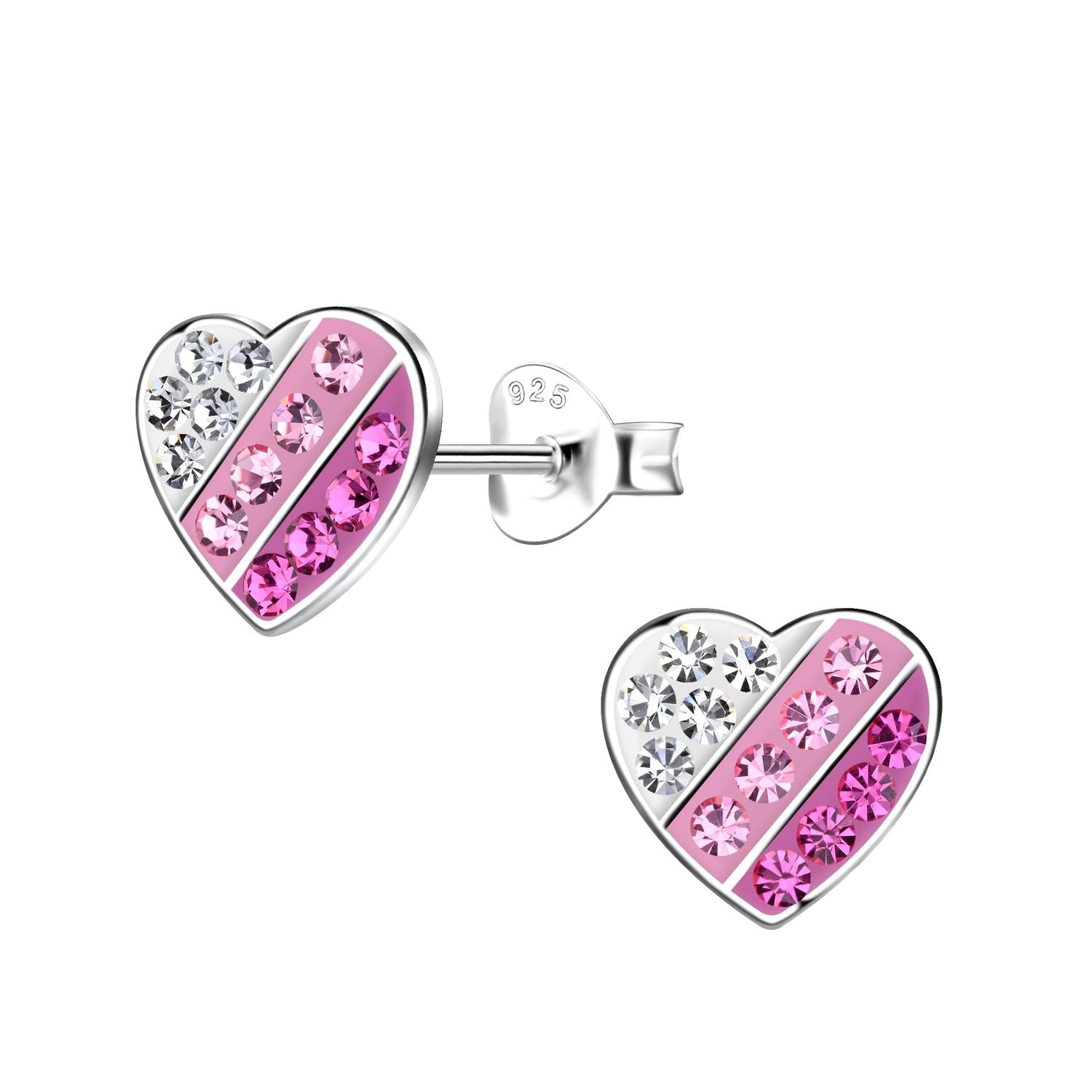 Sterling silver girls pink heart stud earrings with pink and clear crystals by Melchior Jewellery