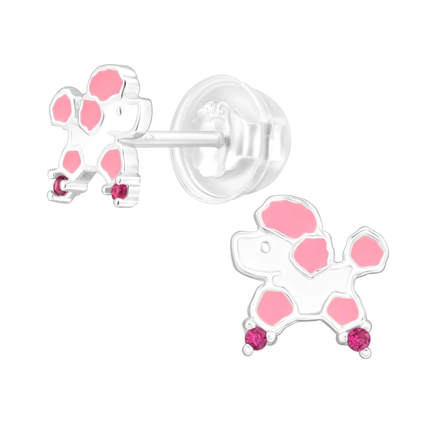 Sterling silver pink enamel girls poodle earrings with pink gemstones by Melchior Jewellery
