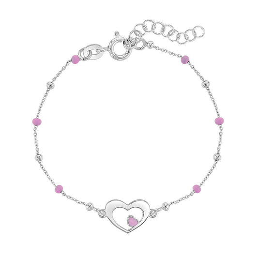 Melchior Jewellery sterling silver heart bracelet for girls with pink bead accents and adjustable chain